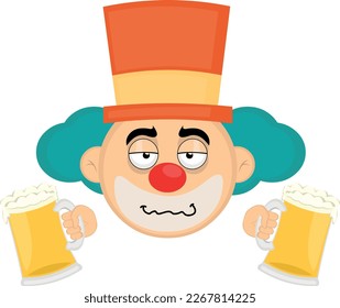 vector illustration face of a drunk cartoon clown with beers in his hands