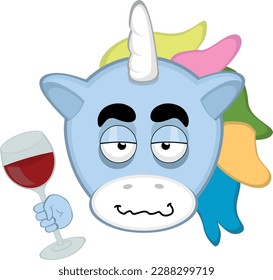 ilustración vectorial frente a un unicornio borracho con un vaso de vino en la mano