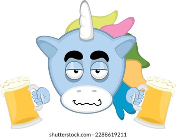 vector illustration face of a drunk cartoon unicorn with beers in his hands