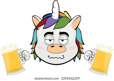 vector illustration face of a drunk cartoon unicorn with beers in his hands