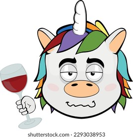 ilustración vectorial frente a un unicornio borracho con un vaso de vino en la mano