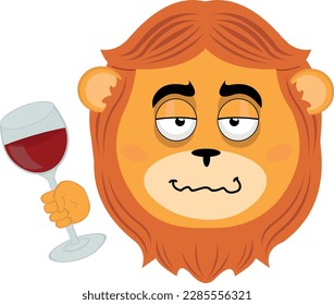 vector illustration face of a drunken cartoon lion with a glass of wine in his hand