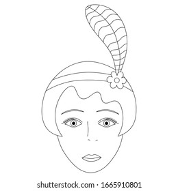 Vector illustration of the face of an elegant girl from 1920. Short hair. Hairstyle a la Garcon. Headband from a bandage with a flower brooch and feather. Face on an isolated background. Retro style.