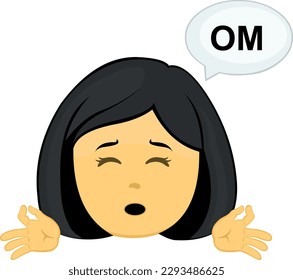 vector illustration face of emoticon yellow character woman meditating with a speech bubble with the text OM