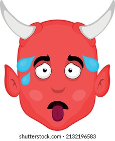 Vector illustration of the face of an exhausted cartoon devil with his tongue hanging out and drops of perspiration