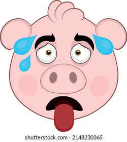 Vector illustration of the face of an exhausted cartoon pig, with his tongue out and beads of sweat on his head