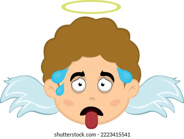Vector illustration of the face of an exhausted cartoon angel, with his tongue out and drops of sweat on his head