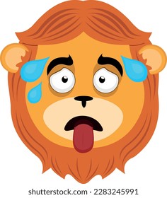 vector illustration face of an exhausted cartoon lion, with his tongue out and drops of sweat on his head