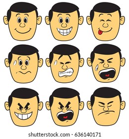 Vector illustration face expressions of and adult man in simple colored doodle style