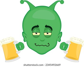 vector illustration face extraterrestrial alien cartoon, drunk with beers in his hands