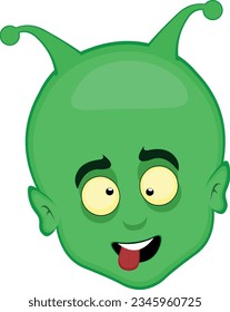 vector illustration face extraterrestrial alien cartoon with an expression of madness, squinting eyes and tongue sticking out