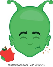 vector illustration face extraterrestrial alien cartoon eating a red apple