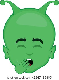 ilustración vectorial cara de caricatura alienígena extraterrestre, bostezo con mano en la boca