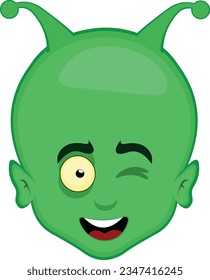 vector illustration face extraterrestrial alien cartoon, with a cheerful expression and winking eye