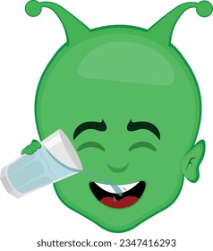 vector illustration face extraterrestrial alien cartoon, drinking a glass of water