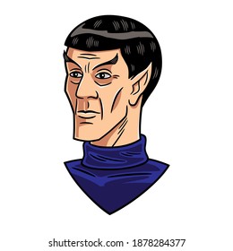 Vector illustration of the face of an extraterrestrial humanoid with pointed ears. Science fiction character.