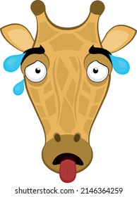 Vector illustration of the face of a giraffe cartoon with an exhausted expression, drops of sweat and tongue out