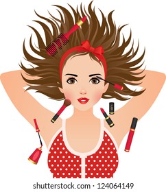 Vector illustration of a face of the girl and cosmetics