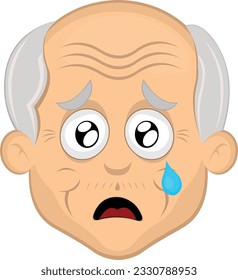 vector illustration face grandfather or old man cartoon, with a sad expression, watery eyes and a tear falling