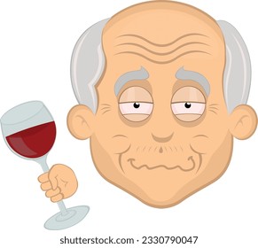 vector illustration face grandfather or old man cartoon drunk, with a glass of wine in his hand