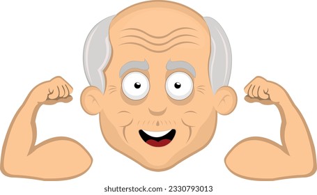 vector illustration face grandfather or old man cartoon, with a cheerful expression and showing the biceps of the arms