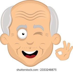 vector illustration face grandfather or old man cartoon, winking eye and with his hand making an ok or perfect gesture