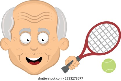 vector illustration face grandfather or old man cartoon with a racket and tennis ball