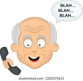 vector illustration face grandfather or old man cartoon, talking on the phone and a speech bubble with the text blah