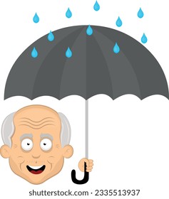 vector illustration face grandfather or old cartoon, cheerful, with an umbrella in hand and raindrops