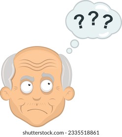 vector illustration face grandfather or old cartoon, thinking or doubtful, with a thought cloud and question marks