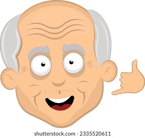 vector illustration face grandfather or old cartoon, thinking or doubtful, happy, making a call me by phone or shake gesture with his hand