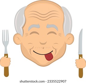 vector illustration face grandfather or old man cartoon, an expression of yummy how delicious with a knife and fork in his hands