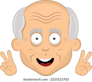 vector illustration face grandfather or old man cartoon, happy with hands making the classic gesture of love and peace or v victory