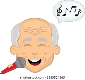 vector illustration face grandfather or old man cartoon, singing with a microphone in hand, a speech bubble and musical notes