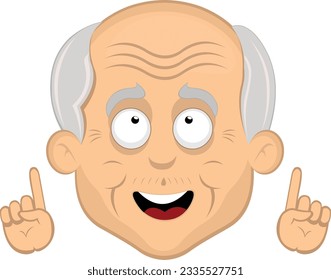 vector illustration face grandfather or old man cartoon, observing and hands pointing upwards