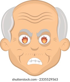 vector illustration face grandfather or old man cartoon, with an angry expression and flames of fire in his eyes