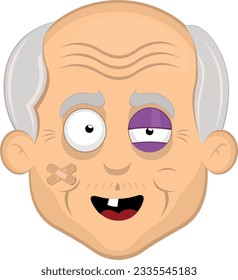 ilustración vectorial de la caricatura del abuelo o el anciano, lesionado con un ojo negro y un diente soltero