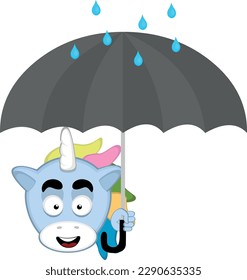 ilustración vectorial de un feliz unicornio, con un paraguas en la mano y gotas de lluvia