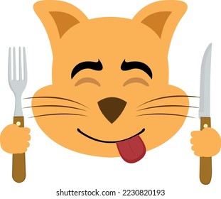 vector illustration of the face of a hungry cartoon cat with a knife and fork in his hands