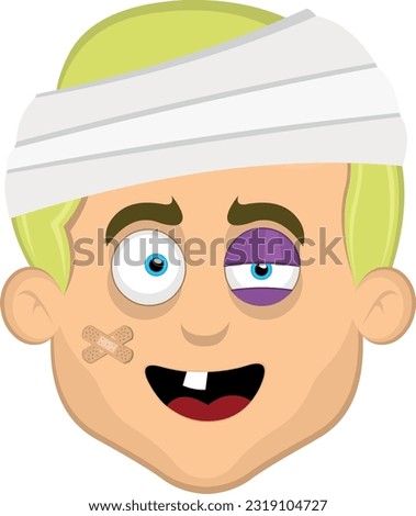 vector illustration face of a injured cartoon man, with bandages on his head, a black eye, adhesive bandages and a single tooth