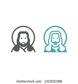 Vector illustration of a face of Jesus. Set of two vector icons. Flat design Monochrome