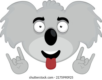 Vector illustration of the face of a koala cartoon making the classic heavy metal gesture with his hands and tongue out