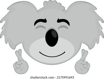 Vector illustration of the face of a koala cartoon crossing the fingers of the hands, wishing luck or making a wish