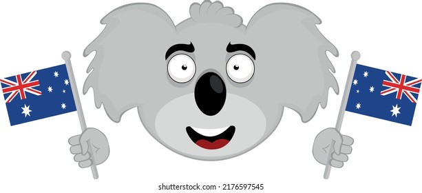 Vector illustration of the face of a koala cartoon with Australian flags in its hands