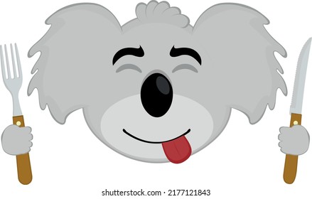 Vector illustration of the face of a koala cartoon with a knife and fork in hand, with a yummy expression