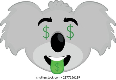 Vector illustration of the face of a koala cartoon with the dollar sign on the eyes and tongue