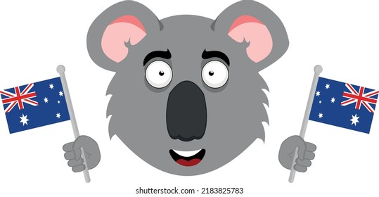 Vector illustration of the face of a koala cartoon with Australian flags in its hands