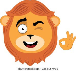vector illustration face of lion animal cartoon, winking eye and with his hand making an ok or perfect gesture
