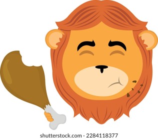vector illustration face of a lion cartoon eating a chicken leg