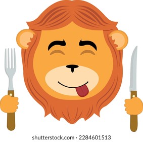 vector illustration face of a lion cartoon with an expression of yummy that delicious, with a knife and fork in his hands